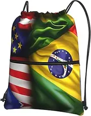 EdWal American And Brazilian Flags Print Drawstring Backpack Gym Bags Sports Bags With Zipper Pocket For Travel Swimming Beach, Black, One Size