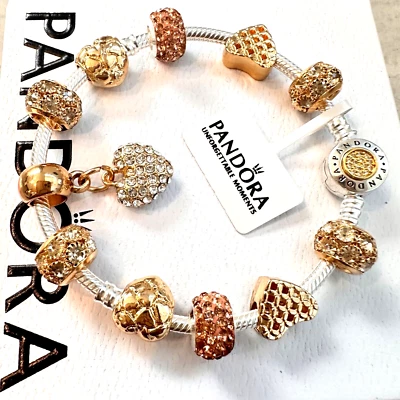 PANDORA SIGNATURE 925 STERLING SILVER / GOLD “HEART” CHARM BRACELET & GIFT