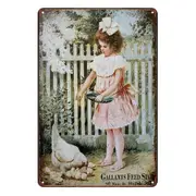 Gallants Feed Store Farmhouse Girl Hens Tin Metal Sign Rustic Look Vintage