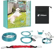 Dog Runner for Yard, 200ft Dog Run Cable with 15ft Anti Shock Aerial Leash Heavy Duty Trolley System for Large Dogs Up to 300lbs, Dog Zip Line for Backyard, Park and Outside Camping,Tie Out Cable,Blue