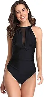 [Abuyall] Women Print One Piece Zip Up Swimsuit High Neck Swimming Costume Tops