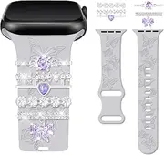 [Vozehui] Butterfly Engraved Strap with Decorative Rings Loops Compatible with Apple Watch Straps 38mm 40mm 41mm 42mmm 44mm 45mm for Women,Soft Silicone Band for iWatch Series 10 9 8 7 6 5 4 3 2 1 SE