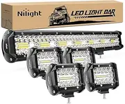 Nilight 20 Inch 420W Triple Row Flood Spot Combo Led Light Bar 4PCS 4Inch 60W LED Pods Driving Boat Lights Led Off Road Trucks Lights, (ZH415), Black