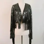 NWT Anthropologie Cropped Sequin Jacket Fringe Bolero Silver Glam Boho XS NYE