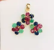 14k Solid Yellow Gold Flower Set With Natural Round Emerald Ruby Sapphire3.35GM