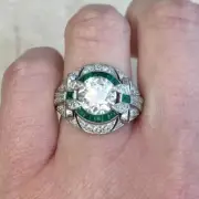 Art Deco Style Round Lab Created Diamond Emerald 14K White Gold FN Wedding Ring