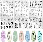 beinkmake 3Pcs Abstract Boho Nail Stamping Plate Set Nail Stamp Templates French Line Tip Lady Face Leaf Floral Metal Reusable Tools with Stamper Scraper for Manicure Printing