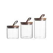 Argon Tableware Glass Storage Jars with Wooden Lids - Leather Loop - Contemporary Storage Canister - 3 Sizes