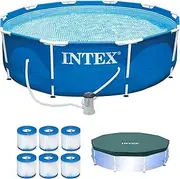 [INTEX] Metal Frame 10' x 2.5' Round Outdoor Swimming Pool Set with 330 GPH Filter Pump, Pool Cover, and Type H Filter Cartridge Replacements, (6 Pack)