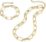 [LANE WOODS] Gold Chain Necklace and Bracelet for Women Ladies Dainty and Chunky Chain Link Paperclip Jewelry Set