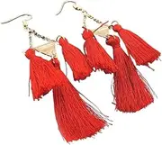 [HXSCOO] Red Stud Long Tassel Multi-element Bohemian Earrings