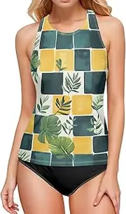 [AIXIWAWA] Checkered Palm Women's Tankini Tops, Swimsuit Top for Beach Pool Vacation S