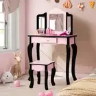 HONEY JOY Kids Dressing Vanity Table Stool Set Makeup Table w/Tri-folding Mirror