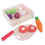 Bigjigs Toys Cutting Vegetable Crate Wooden Pretend Play Food Set with Knife & Chopping Board