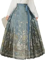 AIMALL Spring Autumn Hanfu Set for Women, Improved Chinese Style Horse Skirt, Elegant Embroidered White Top and Blue Skirt