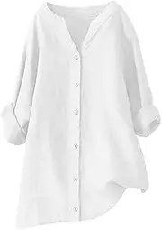 [Runmeihe] Oversized Women's Summer Linen Blouses & Shirts for Women UK, 3/4 Sleeve Women's Summer Button Down Long Shirts, Casual Roll Up V Neck Breathable Tops