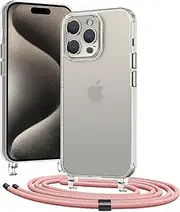 CAROKI Crossbody iPhone 15 Pro Case, Lanyard Protective Clear Hard PC Case with Adjustable Length Lanyard Rope Shockproof Hands-Free Clear Phone Cover for iPhone 15 Pro 6.1"-Pink