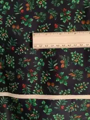 Cotton fabric, Christmas Holly Mistletoe Pine Cones Red Berries On Navy 27 X 44”