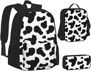 [ERCgad] Black & White Leopard Print Canvas 3-In-1 School Bags Set Backpack Lunch Bag Pencil Case Combo For Men Women, Black, One Size