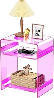 Acrylic Side Table Record Player Stand with Storage, Clear Nightstand Bedside Table End Table for Living Room, Bedroom (Pink)
