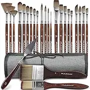 25 Pcs Paint Brush Set with Cloth Roll Case, Professional Series, Synthetic Acrylic Paint Brushes with Flat, Filbert, Fan, Dagger, Cat Tongue, Round, Angle, Rigger for Oil, Acrylic Canvas Paintings