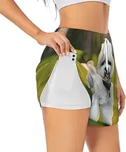 [WURTON] Bichon Frise Dog on The Grass Print Exercise Gym Workout Shorts Women's Athletic Shorts Dual-Layered Yoga Running Shorts