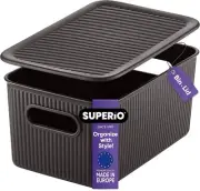 Superio 5L Small Brown Ribbed Storage Bin with Lid, Plastic Storage Basket