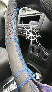 GREY TWO TONE LEATHER STEERING WHEEL COVER FOR VW T2 SPLIT SCREEN LIGHT BLUE STT (for: Volkswagen)