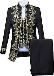 [JEShifangjiusu] Men 3 Piece Court Embroidery Dress Suit Fashion Slim Fit Sports Jacket Tuxedo With Tightie Long Pants, Black, M