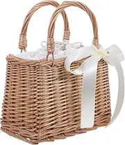 Ipetboom 1Pc Decorative Storage Basket Rattan Woven Flower Basket Weeding Present Storage Container, White Ribbon
