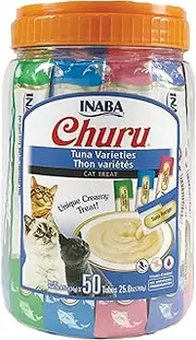 INABA Churu Cat Treats, Tuna Variety Treats for Cat, Topper with Vitamin E & Taurine, Grain-Free, Lickable, Squeezable Creamy Cat Treat, 50Tubes, 700 Grams