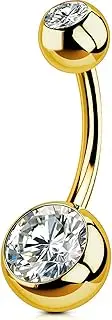 [OUFER] G23 Solid Titanium Belly Bar Balls Gold Belly Button Bar 14G Externally Threaded 10 12 14 16mm Short Extra Long Navel Piercings Barbell Double CZ Gem 1.6 mm No Dangle Belly Ring Jewellery