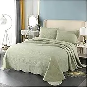 Cotton Quilt Queen King Size Bedding Set 3 Pieces Bean Green Lightweight Reversible Coverlets Bedspreads for Farmhouse Bedroom(223x234cm+51x71cm x2)
