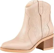 [PIZZ ANNU] Women's Embroidered Western Cowboy Boots Cowgirl Round Toe Short Ankle Boots Ladies Fashion Retro Classic Booties Chunky Heels