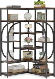 Fin 7 Tier Corner Bookshelf Display Shelf Organizer Geometric Bookcase, Industrial B