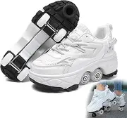 [AMMFIT] Deformation Roller Shoes Quad Roller Skates with Brake, Shoes with Wheels for Kids and Adults Sports Outdoors Technical Skateboarding Shoe,White1-8.5