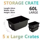 5x Large Black Storage Crate 60L Storage Container Box Basket Bin Plastic AU