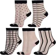 [SUMERSHA] 5 Pairs Sheer Socks for Women Black Mesh Ankle Socks Thin Fishnet See Through Socks Summer Casual Crew Socks, Black, Medium