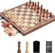 15" Chess Magnetic Chess - Wooden Chess Set - Checkers Set - with 2 Extra Queens - Chess Board - Game for Kids & Adults - Portable Travel Chess Game