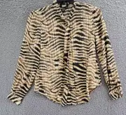 DKNY Animal-Print Tie-Neck Blouse Women's XS Cashew Multi Button Front Closure