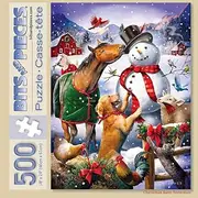 [BITS AND PIECES] 500 Piece Jigsaw Puzzle for Adults - Christmas Barn Snowman - 500 pc Animal Winter Scene Jigsaw by Artist Larry Jones