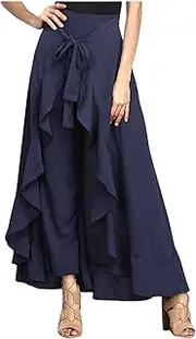 [utcoco] Women's 2025 Trendy Casual Chiffon Elastic High Waist Pants Culottes Tie Front Ruffle Boho Flowy Maxi Skirts, Navy, Medium