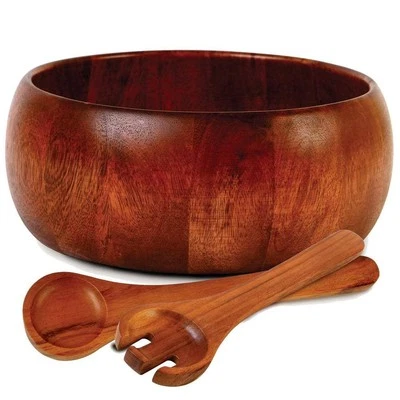 Gibson Home Salad Bowl Set Brown Acacia Wood Natural Serving Utensils 3-Piece
