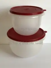 Tupperware Classic Bowl SET Flat Bottom Mixing Nesting Sheer Frost & Dark Red
