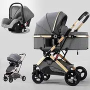 [HACFUN] Convertible 3 in 1 Aluminium Alloy Pram Newborn Carriage Baby Stroller Bassinet Pram - High Landscape Infant Pushchair with Adjustable Seat, Reversible Design, Anti-Shock Wheels (Grey)