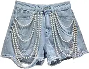 [Jegsnoe] Women's Denim Shorts High Waist Solid Fashion Beading Patchwork Summer Jeans Shorts