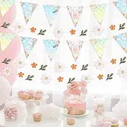 Dayker 3PCS Triangle Bunting Banner Garland, Spring Floral Flags Pennant Garlands, Reusable Paper Hanging Decorations, Carnival Theme Birthday Party Outdoor Events Decor Supplies