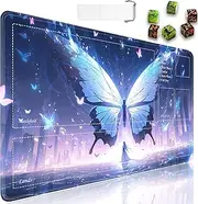 for TCG Playmat, Ultra Pro Playmat with Zones, 24x14 in Non-Slip Rubber for MTG Playmat with Drawstring Travel Pouch and 6 Dice, Ghost Butterfly for MTG Mat, Card Game Playmats