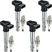 Set of 4 Ignition Coil Pack UF575 and Iridium Spark Plugs PFR7S8EG 4 Pack Compatible with Volkswagen CC Eos GTI Beetle Golf Jetta Passat Audi A3 A4 A5 A6 Q3 TT Quattro Q5 TT 2.0L L4 4.2L V8