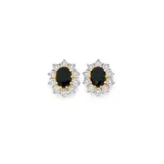 9ct Gold Black Sapphire & .15ct Diamond Oval Cluster Earrings in Blue